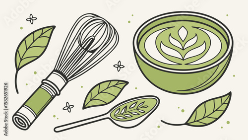 A vibrant illustration featuring a whisk, bowl of matcha, and leaves, showcasing the art of Japanese tea preparation.