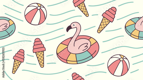 Colorful summer pattern featuring flamingo floaties, beach balls, and ice cream cones in playful shades.