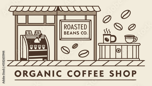 Illustration of a cozy organic coffee shop with a vintage espresso machine and coffee cups.