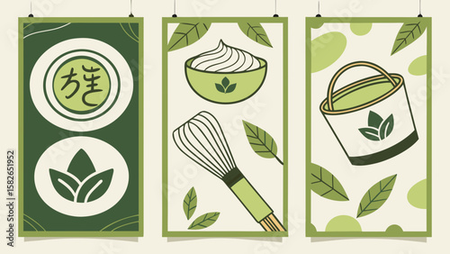 Stylish green-themed illustrations featuring tea, whisk, and leaves, perfect for a serene ambiance.