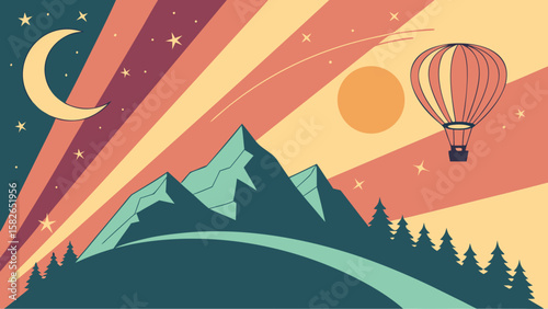 A colorful, stylized illustration of mountains against a vibrant sunset with a hot air balloon soaring in the sky.