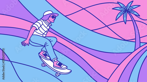 A young Hispanic male skater enjoys cruising on a skateboard amidst a vibrant, abstract background of pastel waves.
