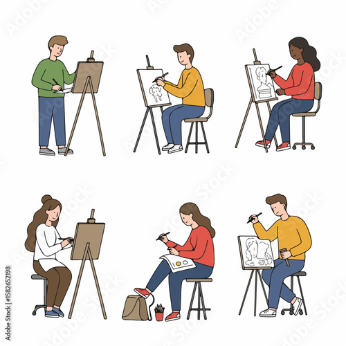 Simple cartoon illustration of diverse students practicing art, drawing and painting on easels during a creative class or workshop.