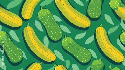 Green and yellow cucumber pattern with leaf shapes pickle vegetable