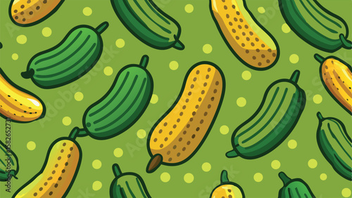 Green and yellow cucumbers with yellow dots pattern background vector pickles gherkins