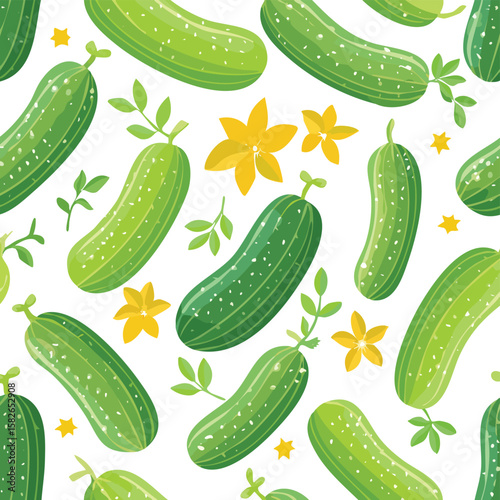 Green cucumbers and yellow flowers seamless pattern vector illustration pickle vegetable