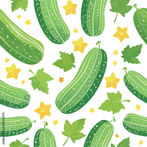 Green cucumbers yellow flowers and leaves seamless pattern vector design pickle vegetable