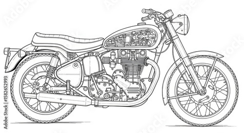 Detailed black and white vector line art illustration of a vintage classic motorcycle with exposed engine components.