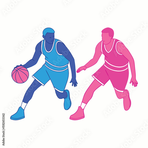 Two basketball players in action during a game one dribbling the ball the other defending