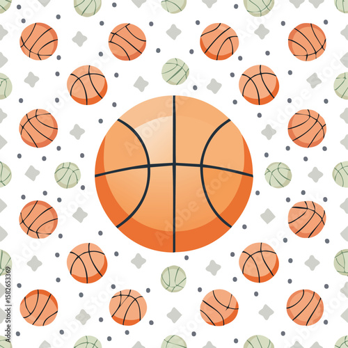 Orange and green basketballs pattern with grey diamond shapes and dots sport game
