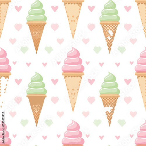 Pink and green ice cream cones with hearts seamless pattern soft serve