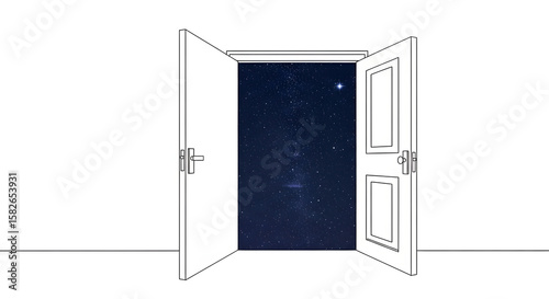 Conceptual illustration of open double doors revealing a starry night sky, symbolizing new possibilities and the unknown.