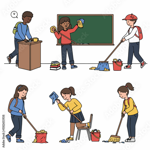 Children cleaning the classroom, performing daily chores and duties as part of school responsibility and teamwork.