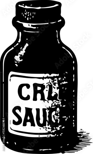A distinct bottle of soy sauce, elegantly crafted in a black and white woodcut style, perfect for Asian cuisine or condiments