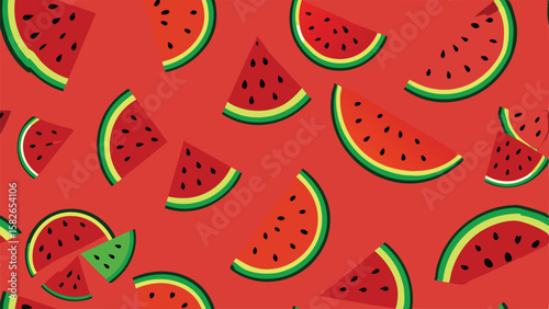 Red background with scattered slices of watermelon with black seeds fruit pattern