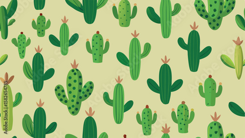 Repeating pattern of green cartoon cacti with brown and yellow flowers on a pale yellow background