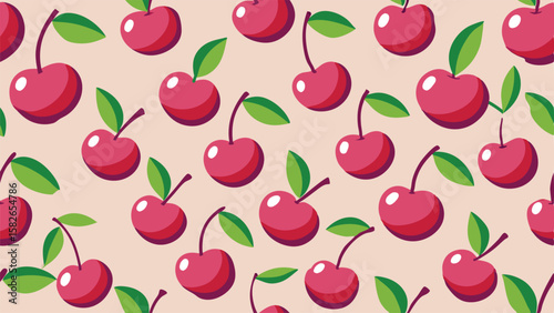 Repeating pattern of pink cherries with green leaves on a light pink background cherry