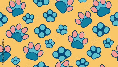 Repeating pattern of teal and pink paw prints on a yellow background animal paw pet paw
