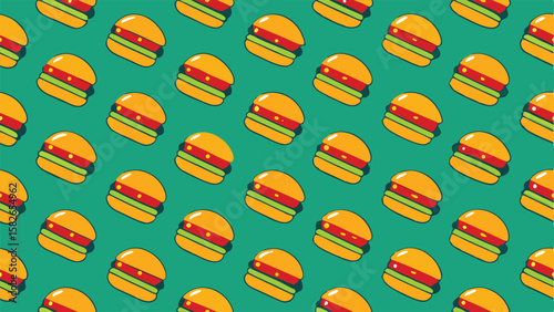 Repeating pattern of stylized burgers on a teal background hamburger food
