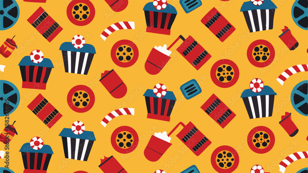 Fototapeta premium Retro movie cinema pattern with popcorn cups film reels and candy cinema reel