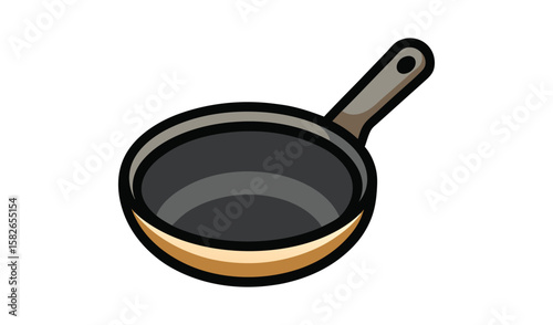 Simple cartoon illustration of a black frying pan with a brown handle