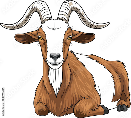 A charming cartoon goat with brown fur and elegant horns sits peacefully against a white background.