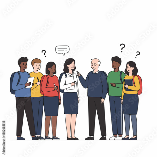 Diverse students asking questions to their teacher during a lesson, illustrating learning and inquiry.