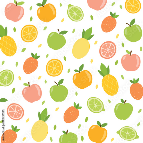 Seamless pattern of assorted colorful fruits and leaves on white background illustration