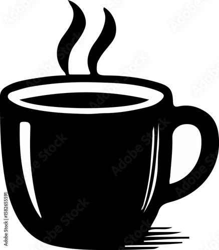 A steaming coffee mug in a classic black and white woodcut style, ideal for hot beverage menus or cafe branding