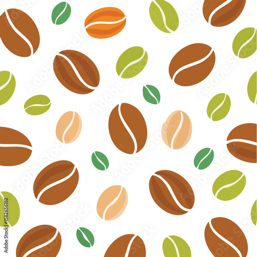Seamless pattern of coffee beans in brown green and tan colors background texture