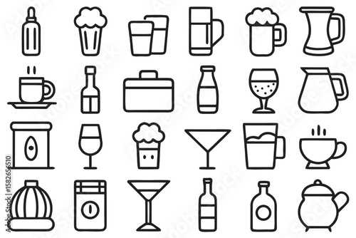 Collection of black line art icons depicting various drinks and containers on a white background beverage