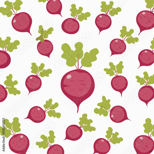 Seamless pattern of cute beetroots with green leaves on white background root vegetable