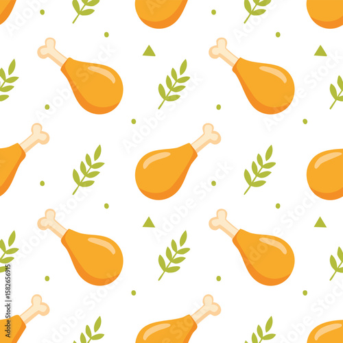 Seamless pattern of golden chicken drumsticks with green leaves and dots fried chicken