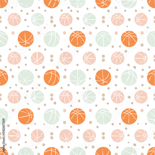 Seamless pattern of orange mint and pink basketballs with scattered dots sports game