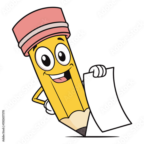 Happy Cartoon Pencil Character Holding a Blank Paper List