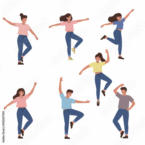 Flat design illustration of a group of diverse young people dancing and moving with energy and joy on a white background.