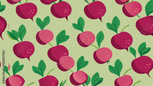 Seamless pattern of pink radishes with green leaves on a light green background beetroot 1