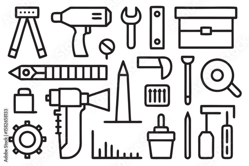 Collection of black line art icons representing tools and equipment on a white background drawing