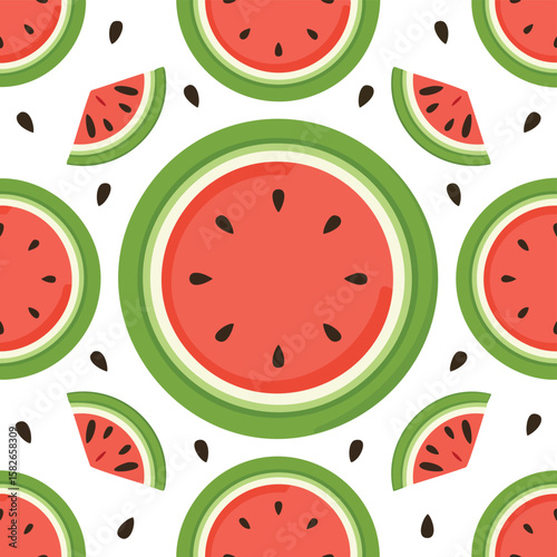 Seamless pattern of red watermelon slices and black seeds on white fruit background