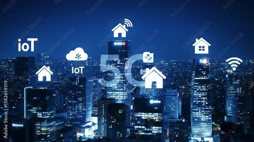 smart city with highrise building showcasing 5G connectivity, cloud computing, internet of thing (IoT)home, healthcare,transportation