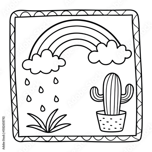 Charming illustration of a rainbow with rain clouds and a potted cactus in a desert garden scene