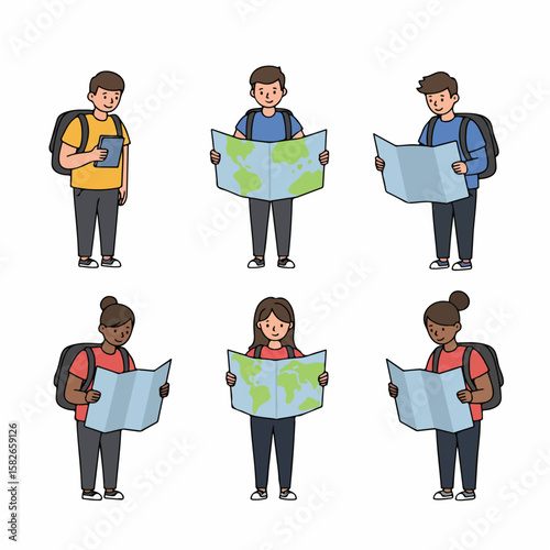 Set of diverse young travelers with backpacks reading maps and tablets, exploring destinations and navigating their journey. Cartoon illustration on white background.