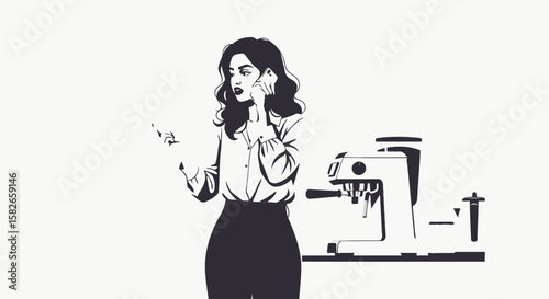Businesswoman on Phone Beside Espresso Machine Holding Paper Vector Art.