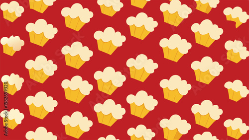 Seamless pattern of yellow cupcakes with cream frosting on red background vector