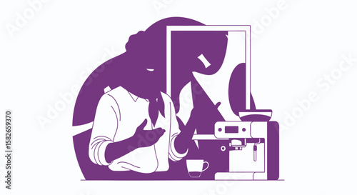 Purple Silhouette of Person Making Coffee with Machine and Cup.