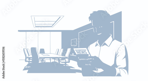 Business professional reading news in a modern conference room setting.