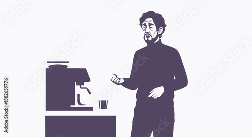 Weary Man Preparing Coffee Depicting Exhaustion and Morning Routine.