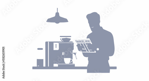 Silhouette of a Person Reading Financial News Near Coffee Machine.