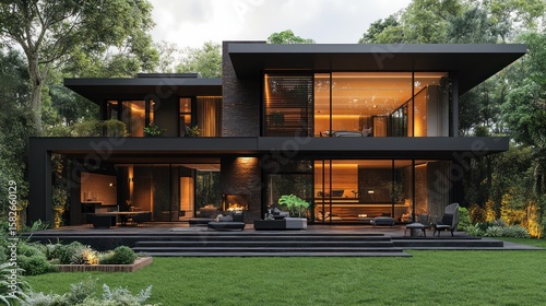Modern House in Lush Forest Evening Scene