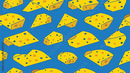 Yellow cheese slices with blue and orange holes on a blue background swiss cheese pattern